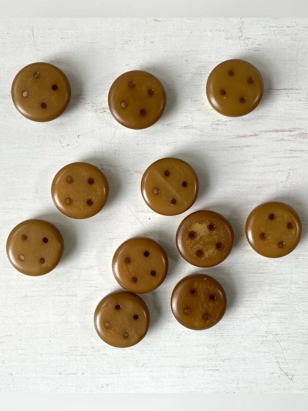 11 Unusual Vintage Round Plastic 4 hole Buttons w Groove Offbeat Yellow Ochre